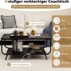 Marmor Couchtisch Rechteckiger Couchtisch mit 2 Ebenen 105 x 55 x 46,5 cm Schwarz