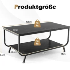Marmor Couchtisch Rechteckiger Couchtisch mit 2 Ebenen 105 x 55 x 46,5 cm Schwarz