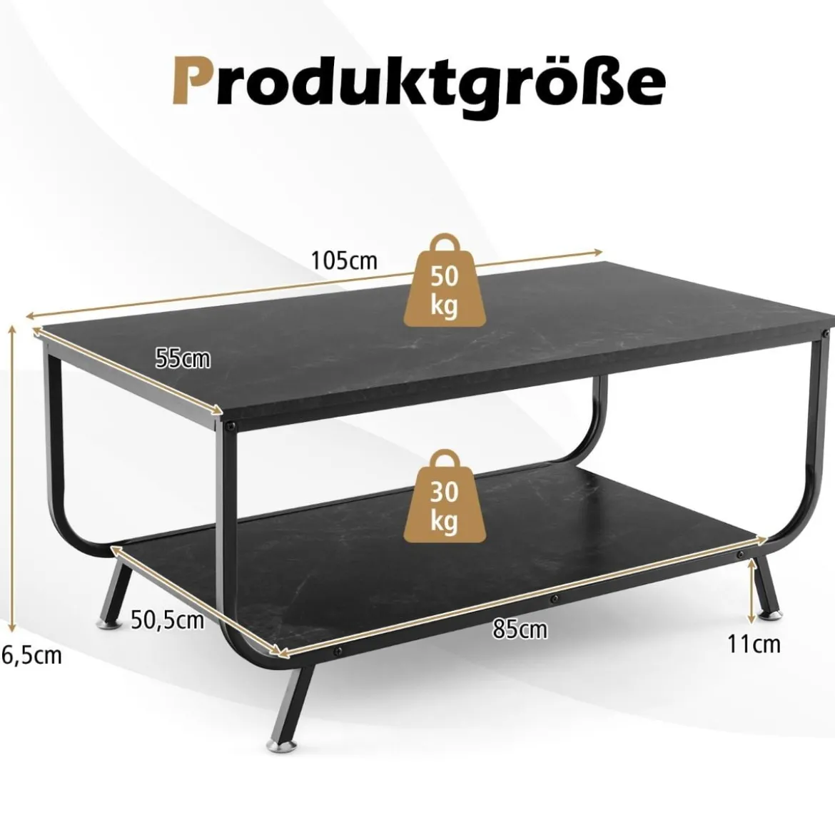 Marmor Couchtisch Rechteckiger Couchtisch mit 2 Ebenen 105 x 55 x 46,5 cm Schwarz