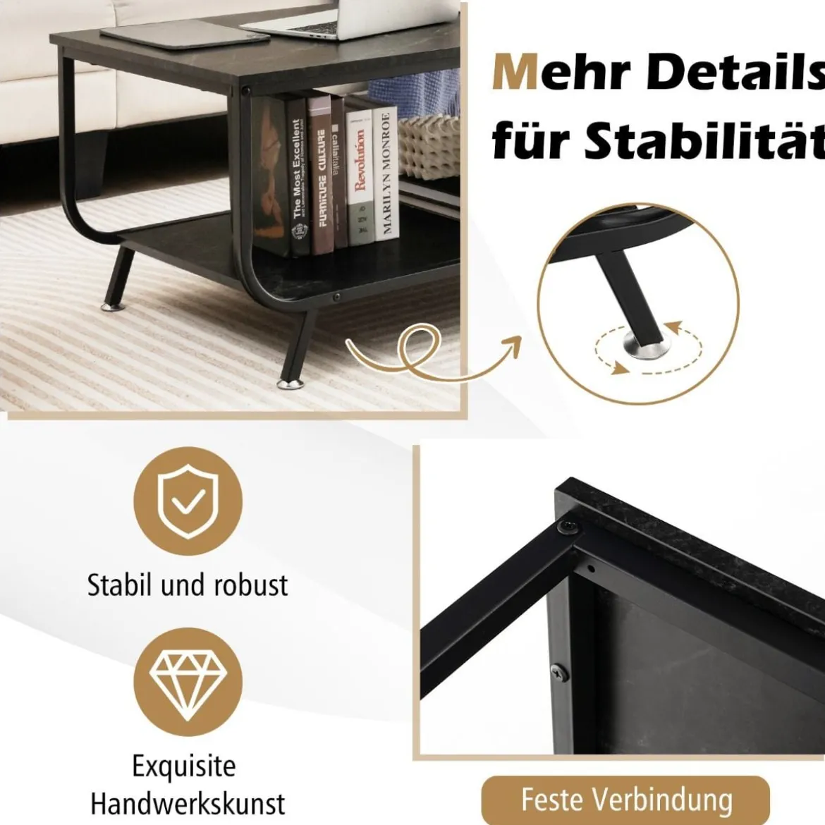 Marmor Couchtisch Rechteckiger Couchtisch mit 2 Ebenen 105 x 55 x 46,5 cm Schwarz