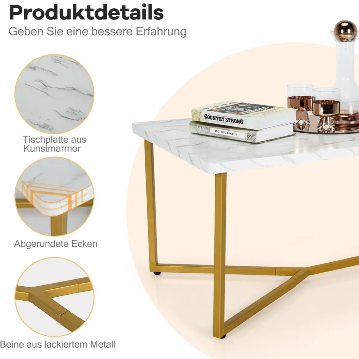 Marmor Optik Couchtisch mit Goldenem Metallgestell & Verstellbaren Fußpolstern Kaffeetisch