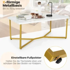 Marmor Optik Couchtisch mit Goldenem Metallgestell & Verstellbaren Fußpolstern Kaffeetisch