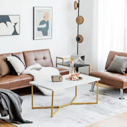 Marmor Optik Couchtisch mit Goldenem Metallgestell & Verstellbaren Fußpolstern Kaffeetisch