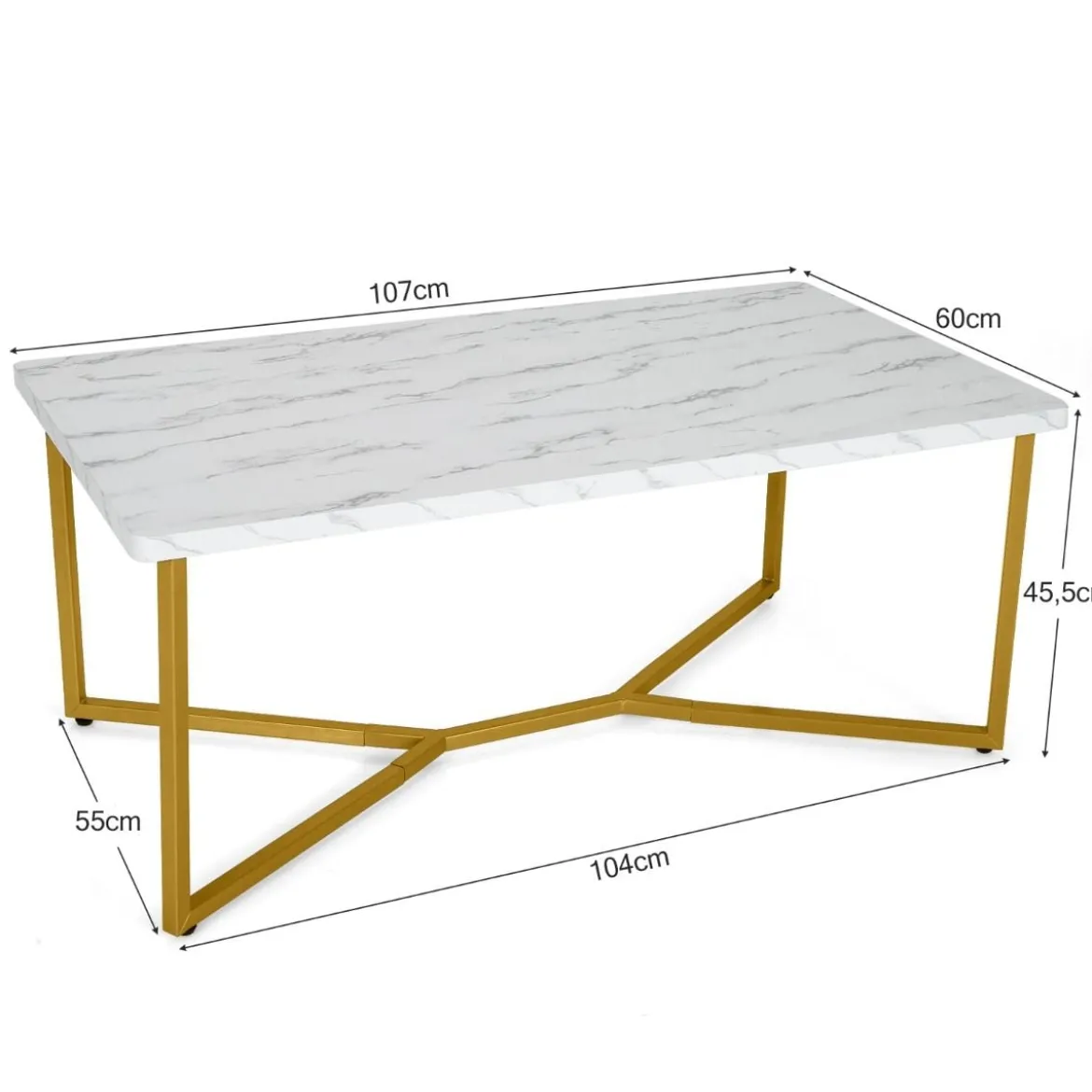 Marmor Optik Couchtisch mit Goldenem Metallgestell & Verstellbaren Fußpolstern Kaffeetisch