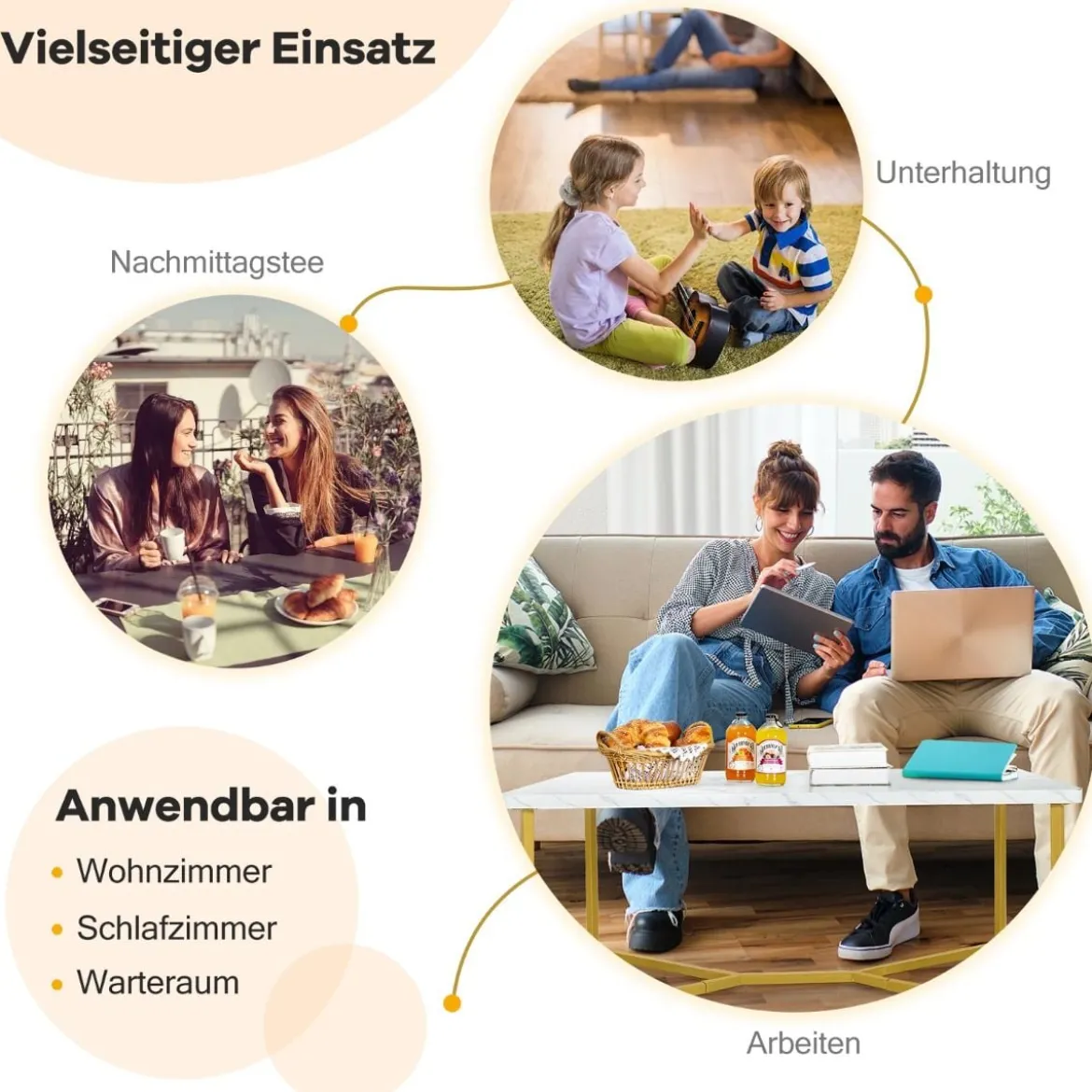 Marmor Optik Couchtisch mit Goldenem Metallgestell & Verstellbaren Fußpolstern Kaffeetisch