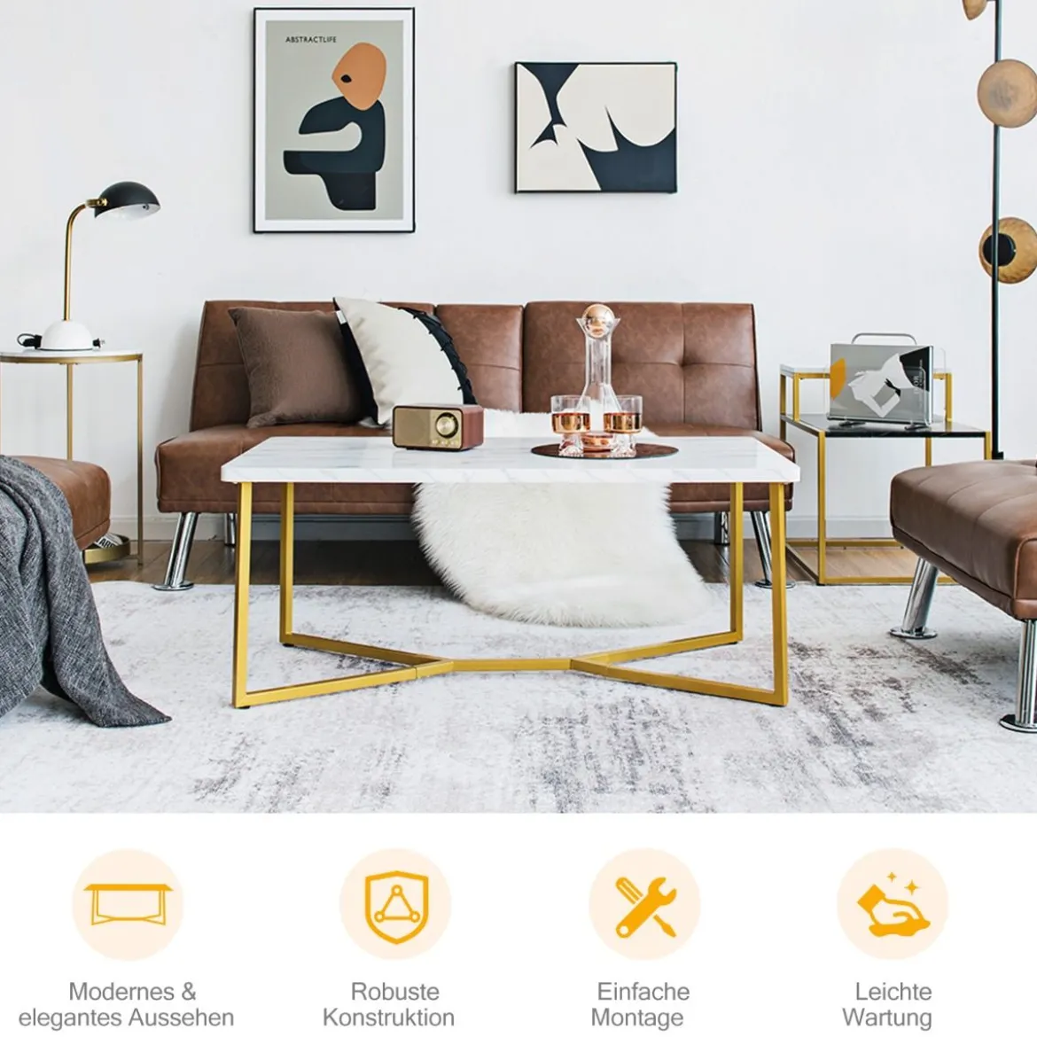 Marmor Optik Couchtisch mit Goldenem Metallgestell & Verstellbaren Fußpolstern Kaffeetisch