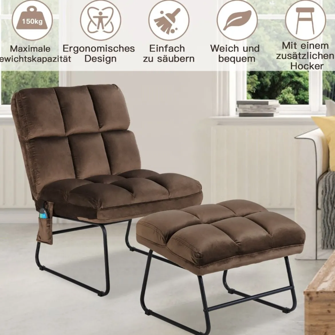 Massagesessel mit Ottomane 5 Vibrationsmodi & 4 Massagemotoren elektrische Massageliege Braun
