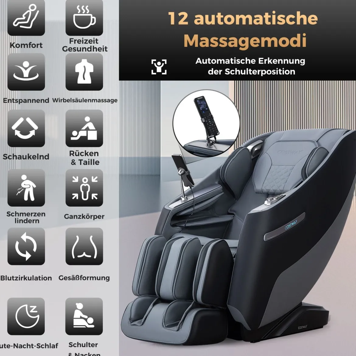 Massagesessel Zero Gravity SL Track Shiatsu Massagestuhl mit Heizung & Luftdruckmassage Schwarz