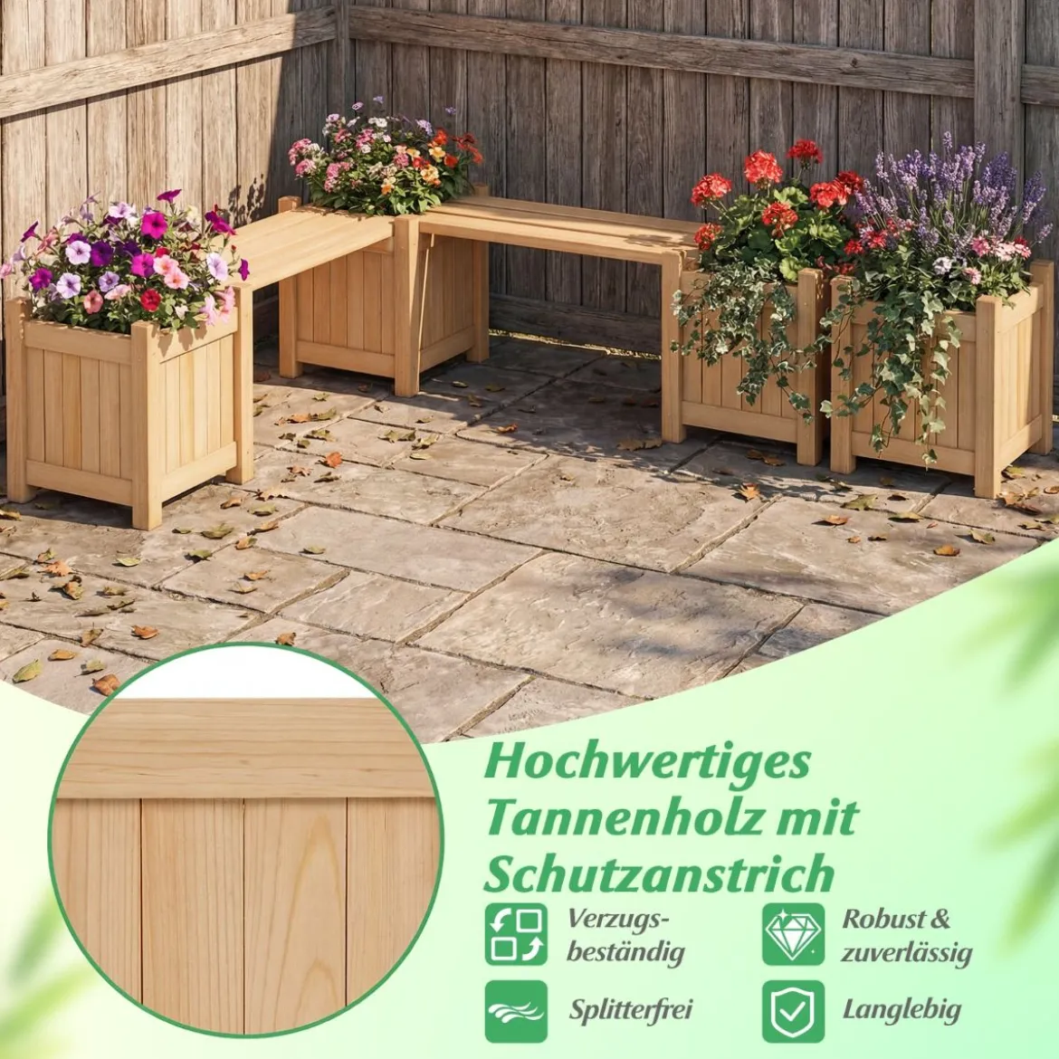 Massivholz Blumenkasten mit Gartenbank Holzbank mit 2 Seitlichen Pflanzkästen Sitzbank Holz