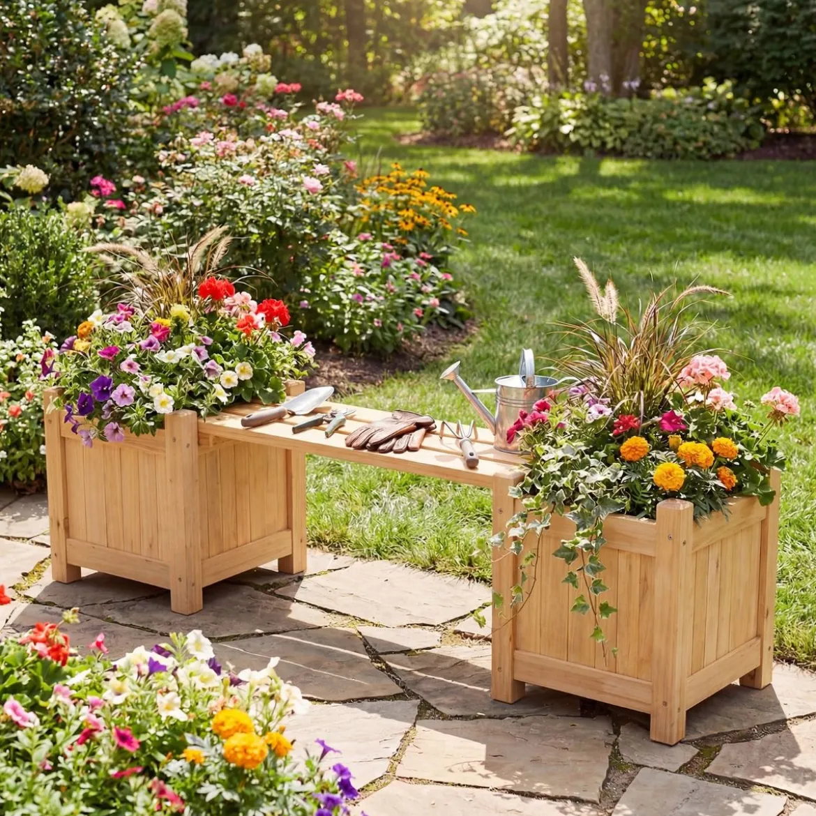 Massivholz Blumenkasten mit Gartenbank Holzbank mit 2 Seitlichen Pflanzkästen Sitzbank Holz