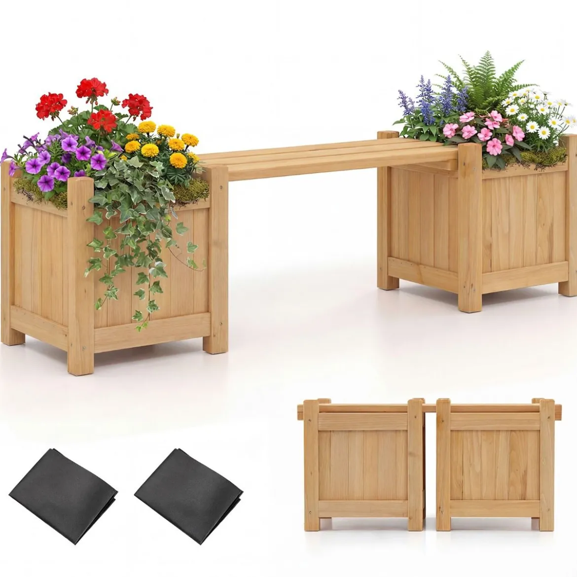Massivholz Blumenkasten mit Gartenbank Holzbank mit 2 Seitlichen Pflanzkästen Sitzbank Holz