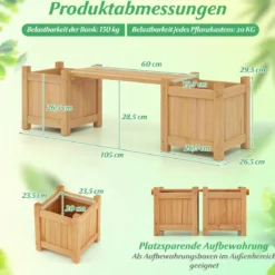 Massivholz Blumenkasten mit Gartenbank Holzbank mit 2 Seitlichen Pflanzkästen Sitzbank Holz