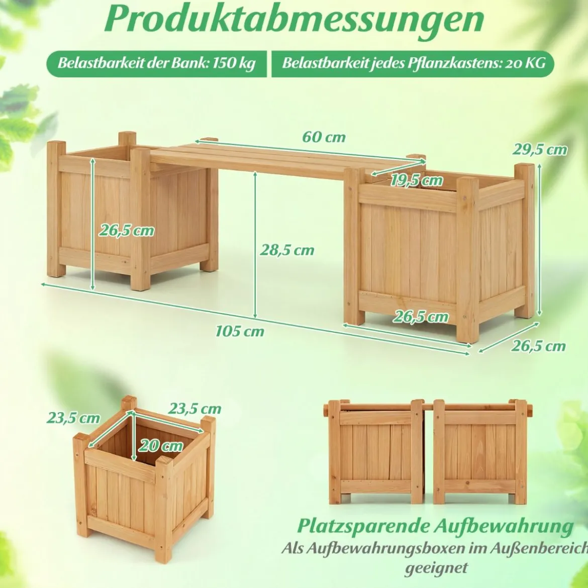 Massivholz Blumenkasten mit Gartenbank Holzbank mit 2 Seitlichen Pflanzkästen Sitzbank Holz