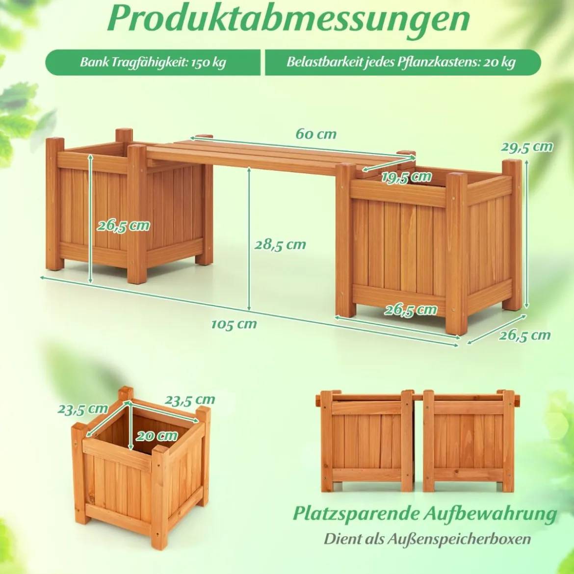 Massivholz Blumenkasten mit Gartenbank Holzbank mit 2 Seitlichen Pflanzkästen Sitzbank Natur