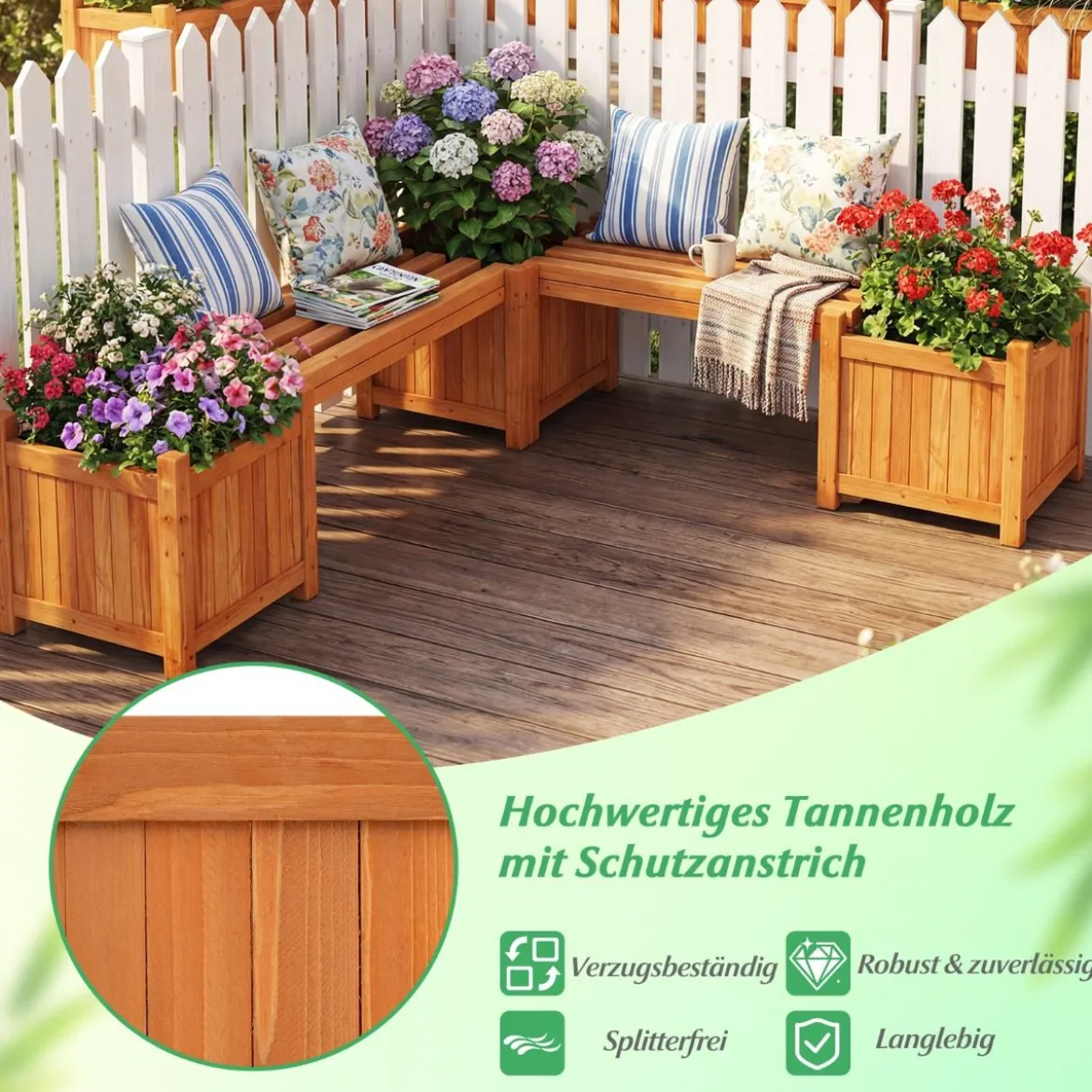 Massivholz Blumenkasten mit Gartenbank Holzbank mit 2 Seitlichen Pflanzkästen Sitzbank Natur