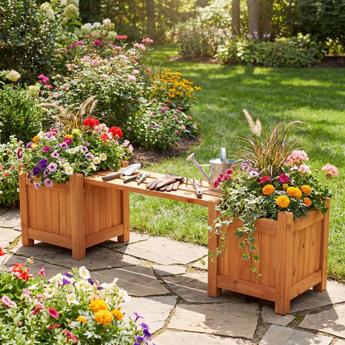 Massivholz Blumenkasten mit Gartenbank Holzbank mit 2 Seitlichen Pflanzkästen Sitzbank Natur