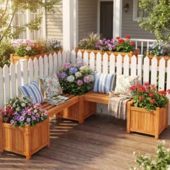 Massivholz Blumenkasten mit Gartenbank Holzbank mit 2 Seitlichen Pflanzkästen Sitzbank Natur