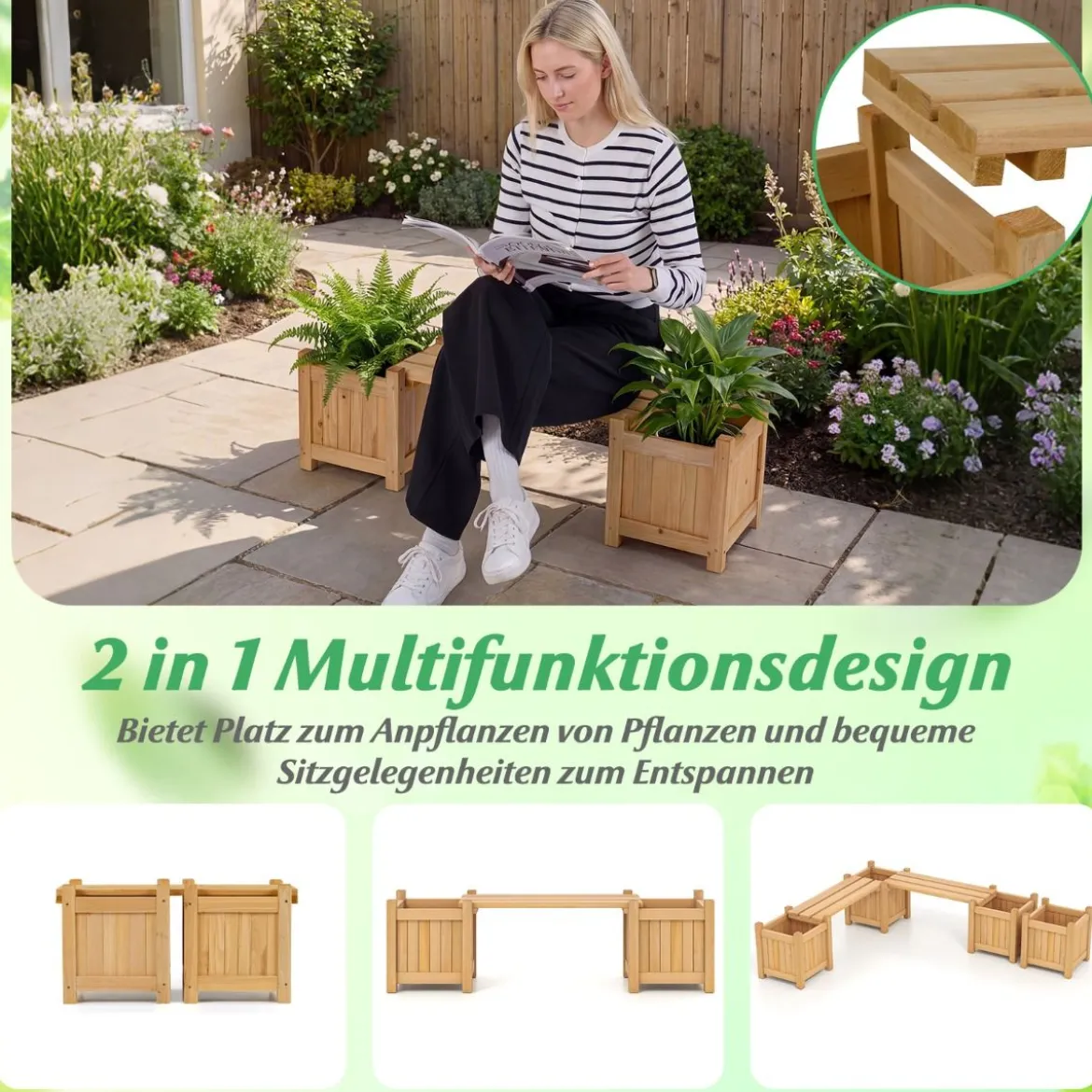 Massivholz Holzbank mit 2 Seitlichen Pflanzkästen Blumenkasten mit Gartenbank Sitzbank Natur