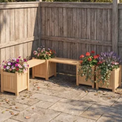 Massivholz Holzbank mit 2 Seitlichen Pflanzkästen Blumenkasten mit Gartenbank Sitzbank Natur