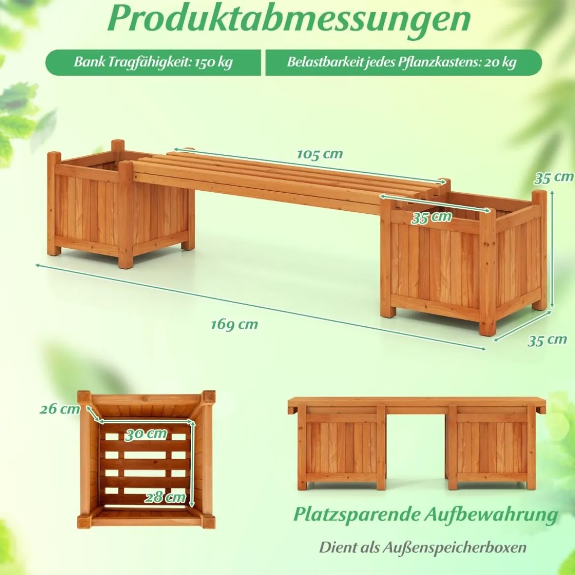 Massivholz Holzbank mit 2 Seitlichen Pflanzkästen Blumenkasten mit Gartenbank Sitzbank Orange