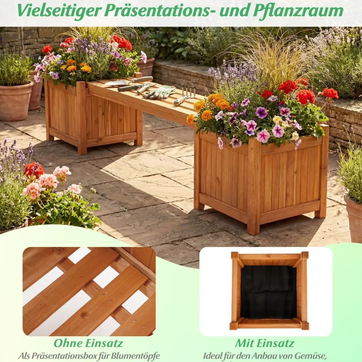Massivholz Holzbank mit 2 Seitlichen Pflanzkästen Blumenkasten mit Gartenbank Sitzbank Orange