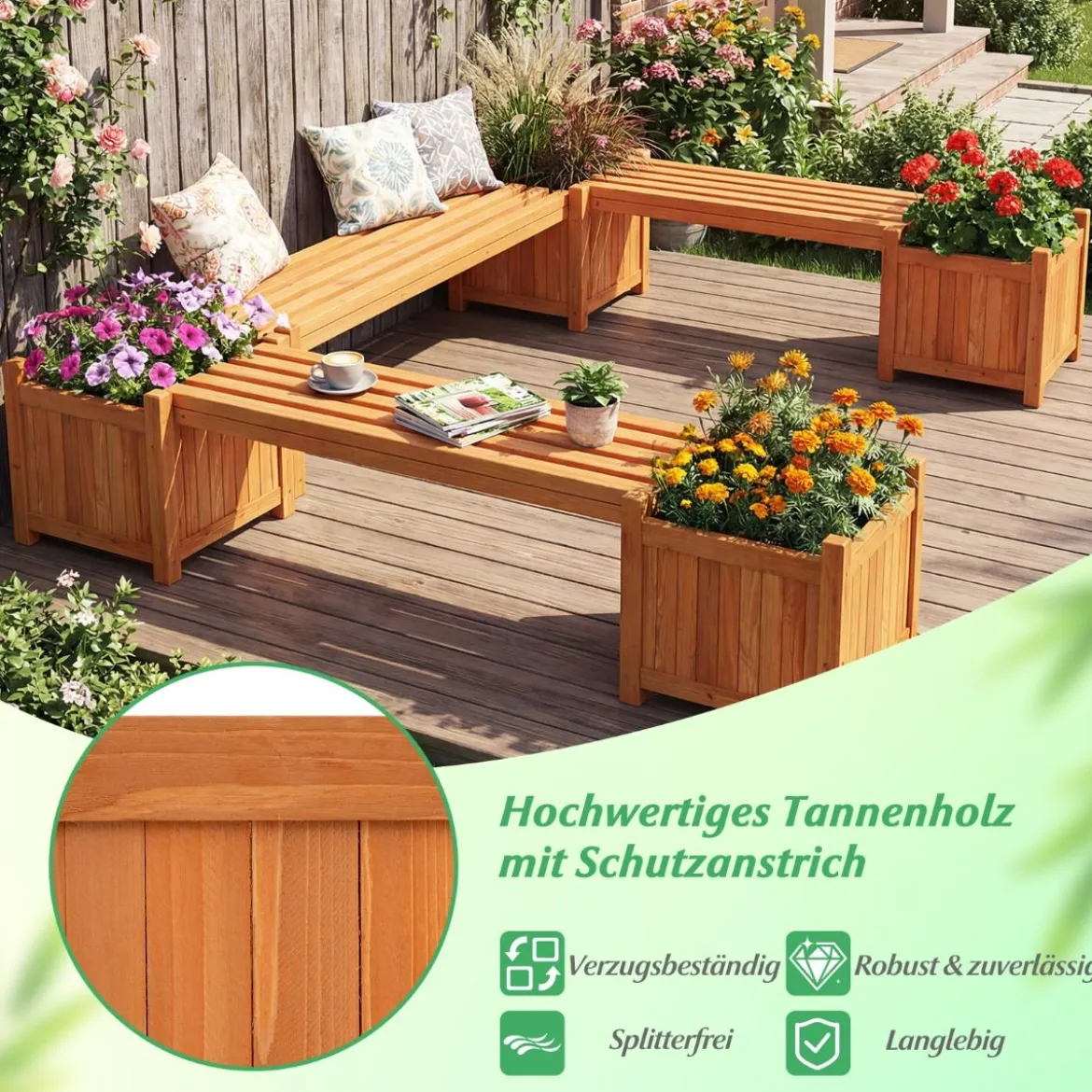 Massivholz Holzbank mit 2 Seitlichen Pflanzkästen Blumenkasten mit Gartenbank Sitzbank Orange