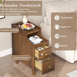 Massivholz Nachttisch mit Ausziehbarem Tablett & 2 Schubladen Schmaler Beistelltisch Braun