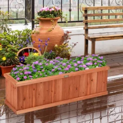 Massivholz-Pflanzkasten Blumentopf Holz-Blumenkasten Pflanzkübel 102 x 31 x 30 cm Braun