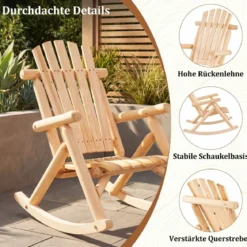 Massivholz Schaukelstuhl mit Hoher Rückenlehne & Lattenrost Sitz Schaukelsessel Relaxstuhl Natur
