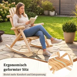 Massivholz Schaukelstuhl mit Hoher Rückenlehne & Lattenrost Sitz Schaukelsessel Relaxstuhl Natur