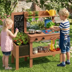 Matschküche aus Holz Kinderküche mit Pflanzkasten & Tafel Spielküche mit Wassertank Natur