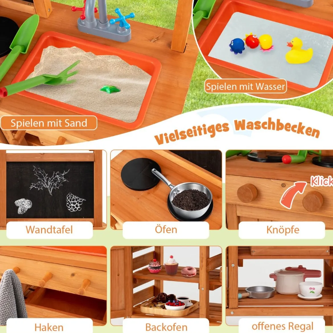 Matschküche für Kidner Kinderküche Holz mit Höhenverstellbarem Sonnendach 77 x 52 x 135 cm
