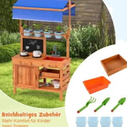Matschküche für Kidner Kinderküche Holz mit Höhenverstellbarem Sonnendach 77 x 52 x 135 cm