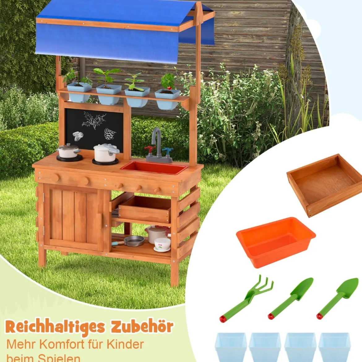 Matschküche für Kidner Kinderküche Holz mit Höhenverstellbarem Sonnendach 77 x 52 x 135 cm
