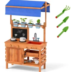 Matschküche für Kidner Kinderküche Holz mit Höhenverstellbarem Sonnendach 77 x 52 x 135 cm