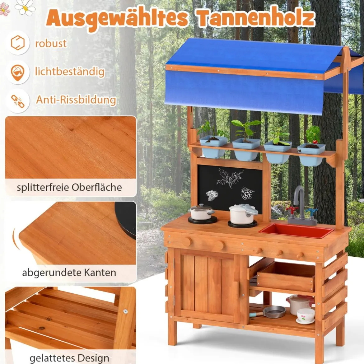 Matschküche für Kidner Kinderküche Holz mit Höhenverstellbarem Sonnendach 77 x 52 x 135 cm