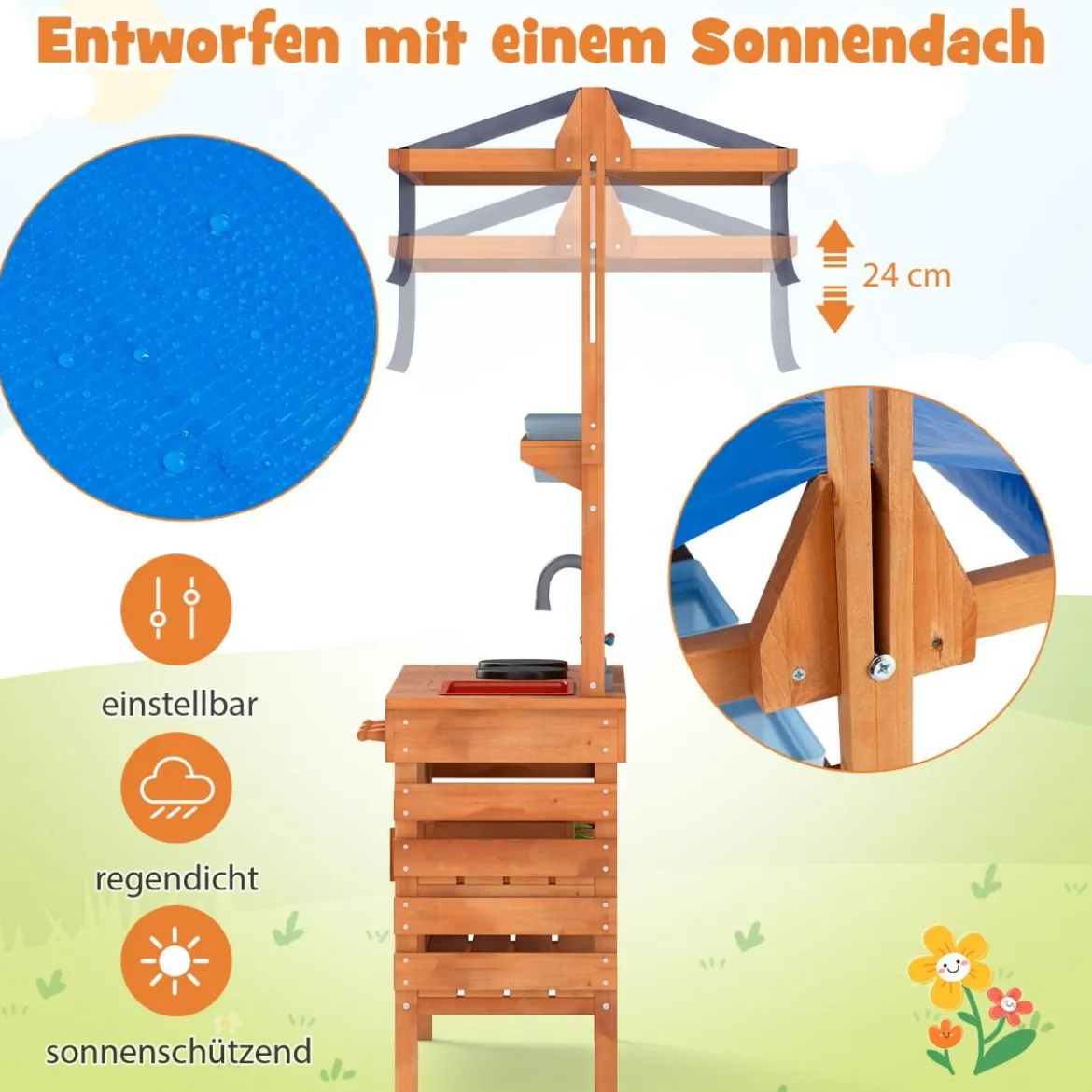 Matschküche für Kidner Kinderküche Holz mit Höhenverstellbarem Sonnendach 77 x 52 x 135 cm