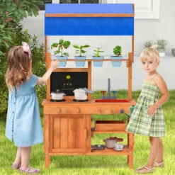 Matschküche für Kidner Kinderküche Holz mit Höhenverstellbarem Sonnendach 77 x 52 x 135 cm