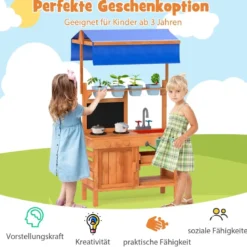 Matschküche für Kidner Kinderküche Holz mit Höhenverstellbarem Sonnendach 77 x 52 x 135 cm