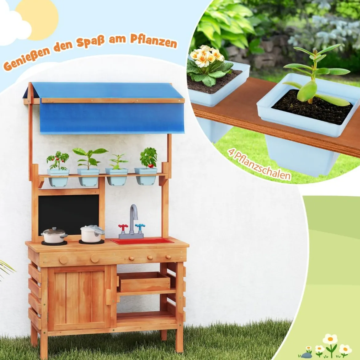 Matschküche für Kidner Kinderküche Holz mit Höhenverstellbarem Sonnendach 77 x 52 x 135 cm