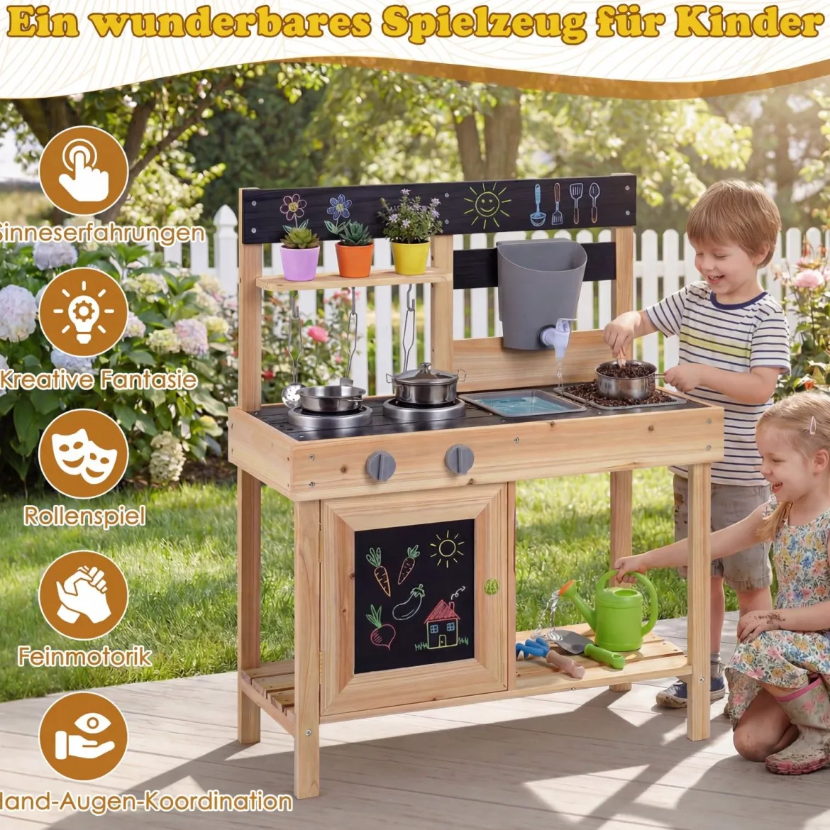 Matschküche für Kinder Outdoor Kinderküche aus Holz Kompakte Spielküche mit Wassertank