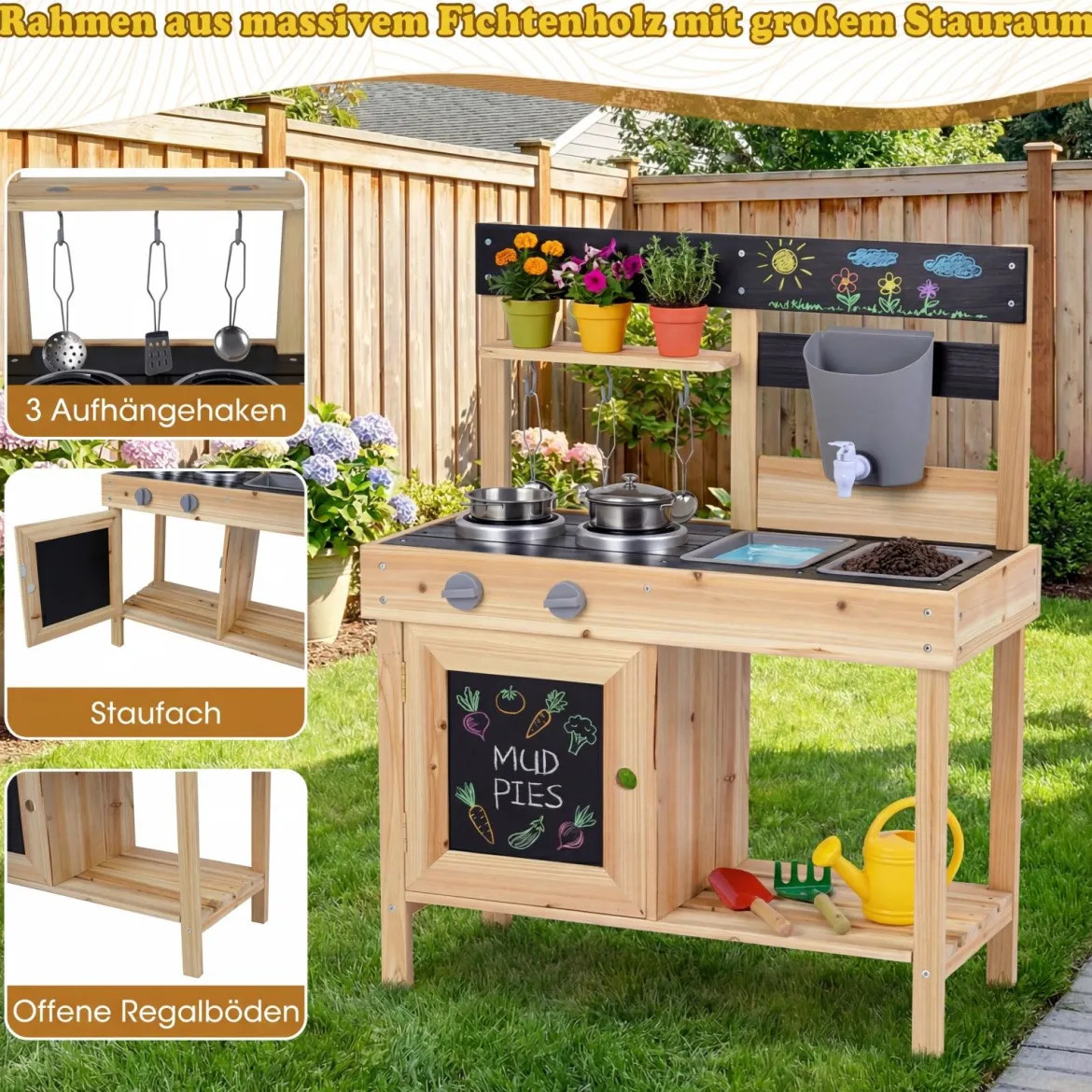 Matschküche für Kinder Outdoor Kinderküche aus Holz Kompakte Spielküche mit Wassertank