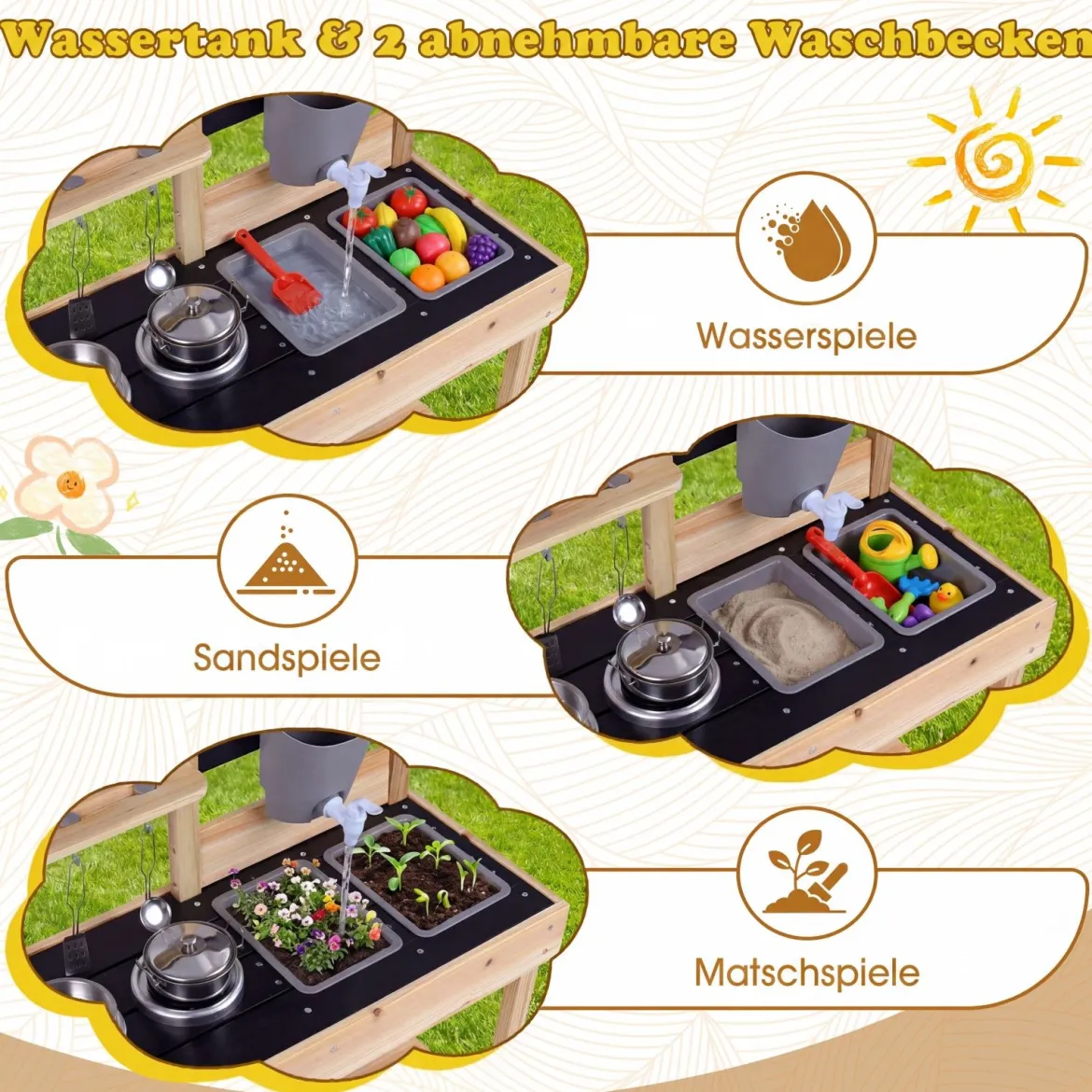 Matschküche für Kinder Outdoor Kinderküche aus Holz Kompakte Spielküche mit Wassertank