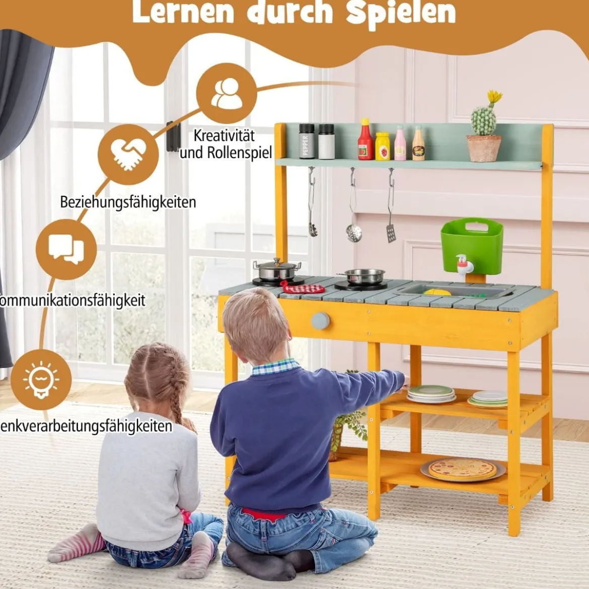 Matschküche Kinder Outdoor Kinderküche Holz mit Wasserfunktion Spielküche mit Haken & abnehmbarem Regal Natur/Orange