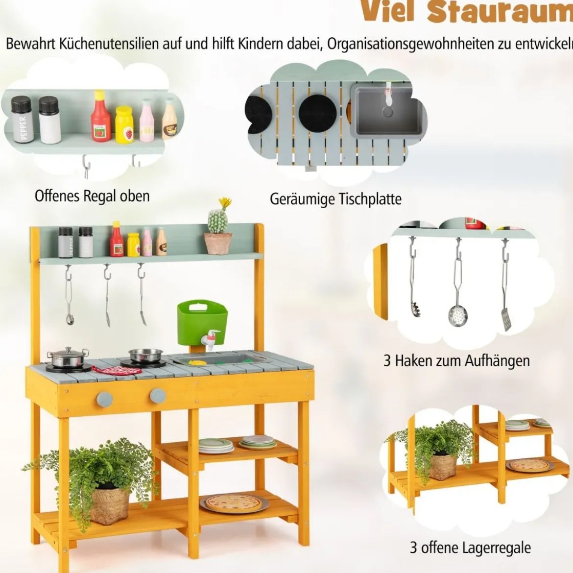 Matschküche Kinder Outdoor Kinderküche Holz mit Wasserfunktion Spielküche mit Haken & abnehmbarem Regal Natur/Orange
