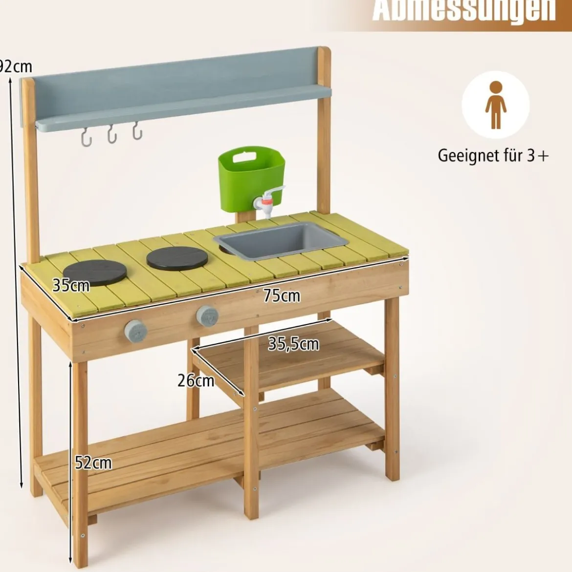 Matschküche Kinder Outdoor Kinderküche Holz mit Wasserfunktion Spielküche mit Haken & abnehmbarem Regal Natur/Orange