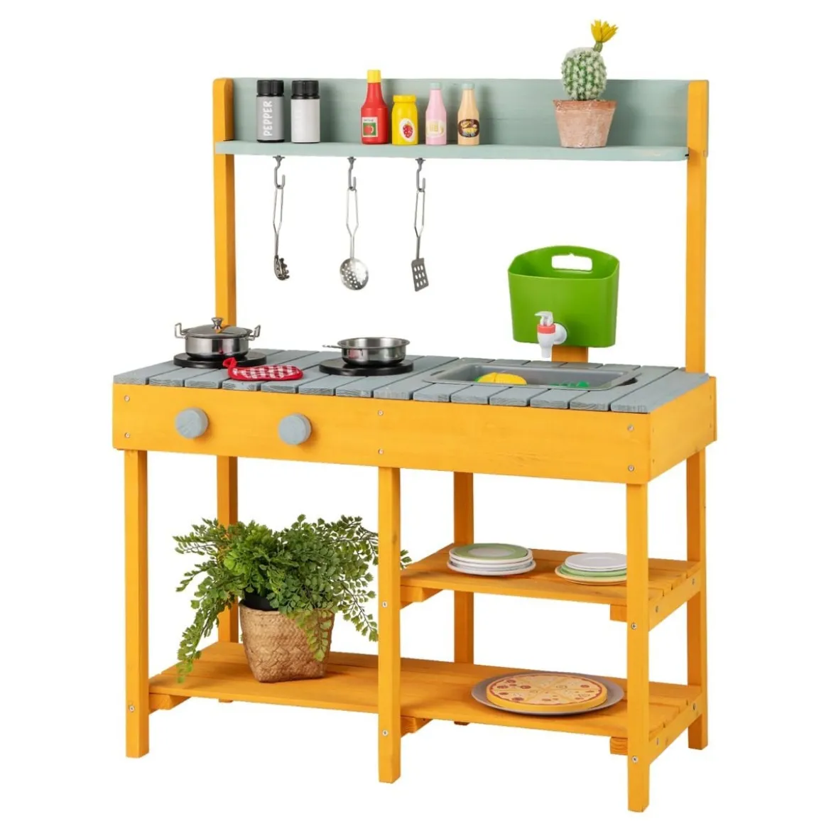 Matschküche Kinder Outdoor Kinderküche Holz mit Wasserfunktion Spielküche mit Haken & abnehmbarem Regal Natur/Orange