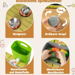 Matschküche Kinder Outdoor Kinderküche Holz mit Wasserfunktion Spielküche mit Haken & abnehmbarem Regal Natur/Orange