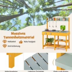 Matschküche Kinder Outdoor Kinderküche Holz mit Wasserfunktion Spielküche mit Haken & abnehmbarem Regal Natur/Orange