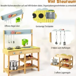 Matschküche Kinder Outdoor Kinderküche Holz mit Wasserfunktion Spielküche mit Haken & abnehmbarem Regal Natur/Orange